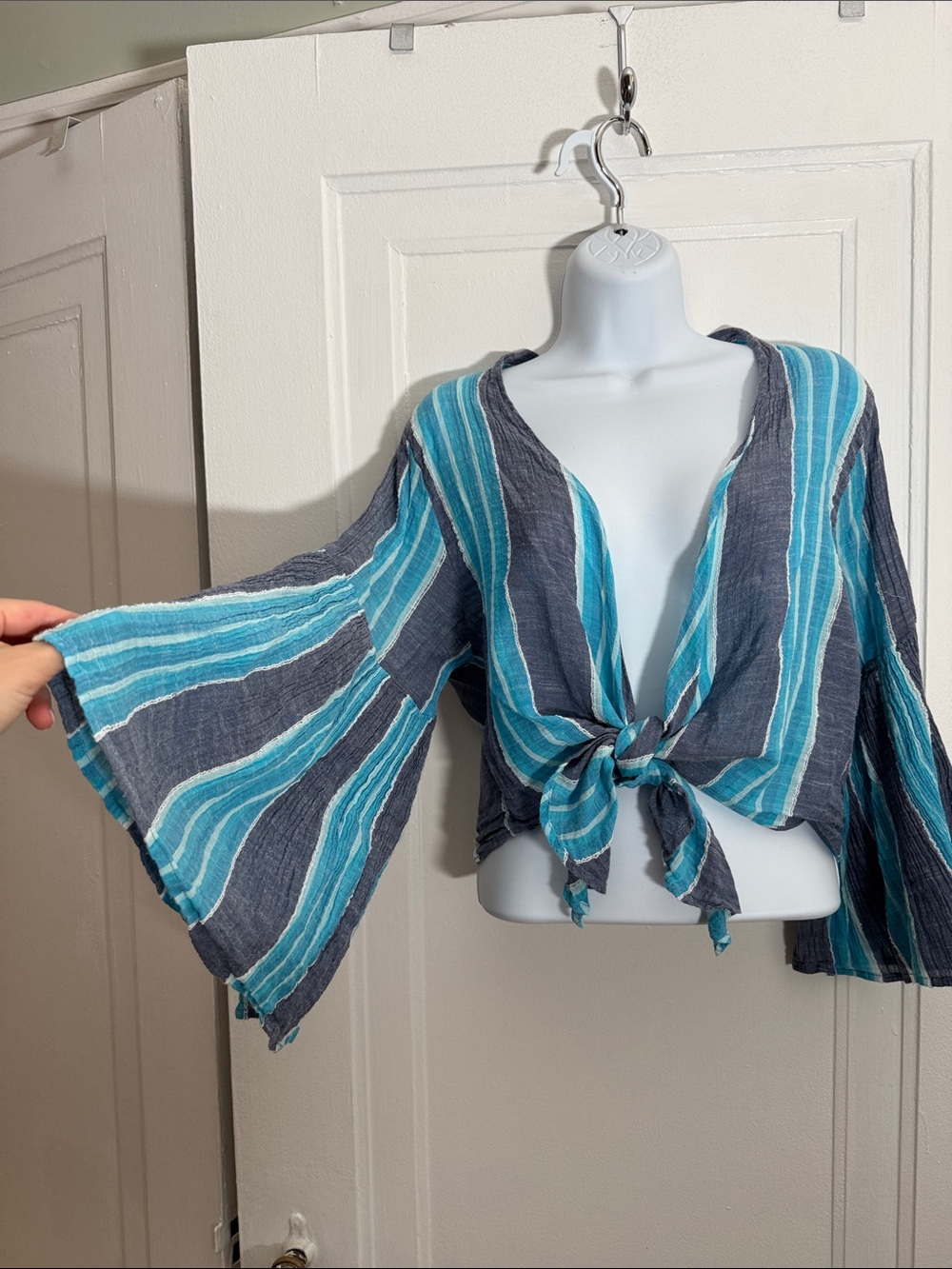 Elan bell sleeved tie front striped blouse one size